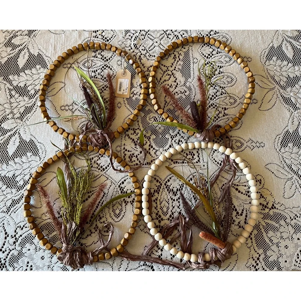 Set of 4 Boho Beaded Hoop Wreaths Gold and Natural Wood Faux Botanical Decor